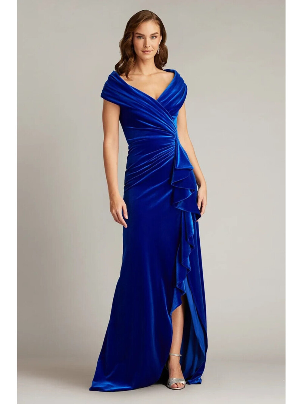 NEW TADASHI SHOJI Alvarez Velvet Waterfall Drape Gown in Blue Sz XS #LD599